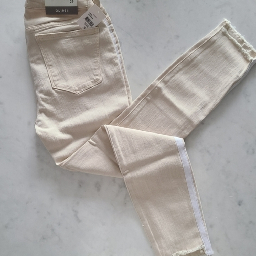 DL1961 Florence Cropped Canvas-Trimmed Jeans, Size 29, Ecru, NWT - Picture 7 of 10